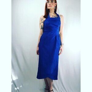 Vintage Damore Royal Blue Halter Midi Sheath Cocktail Dress